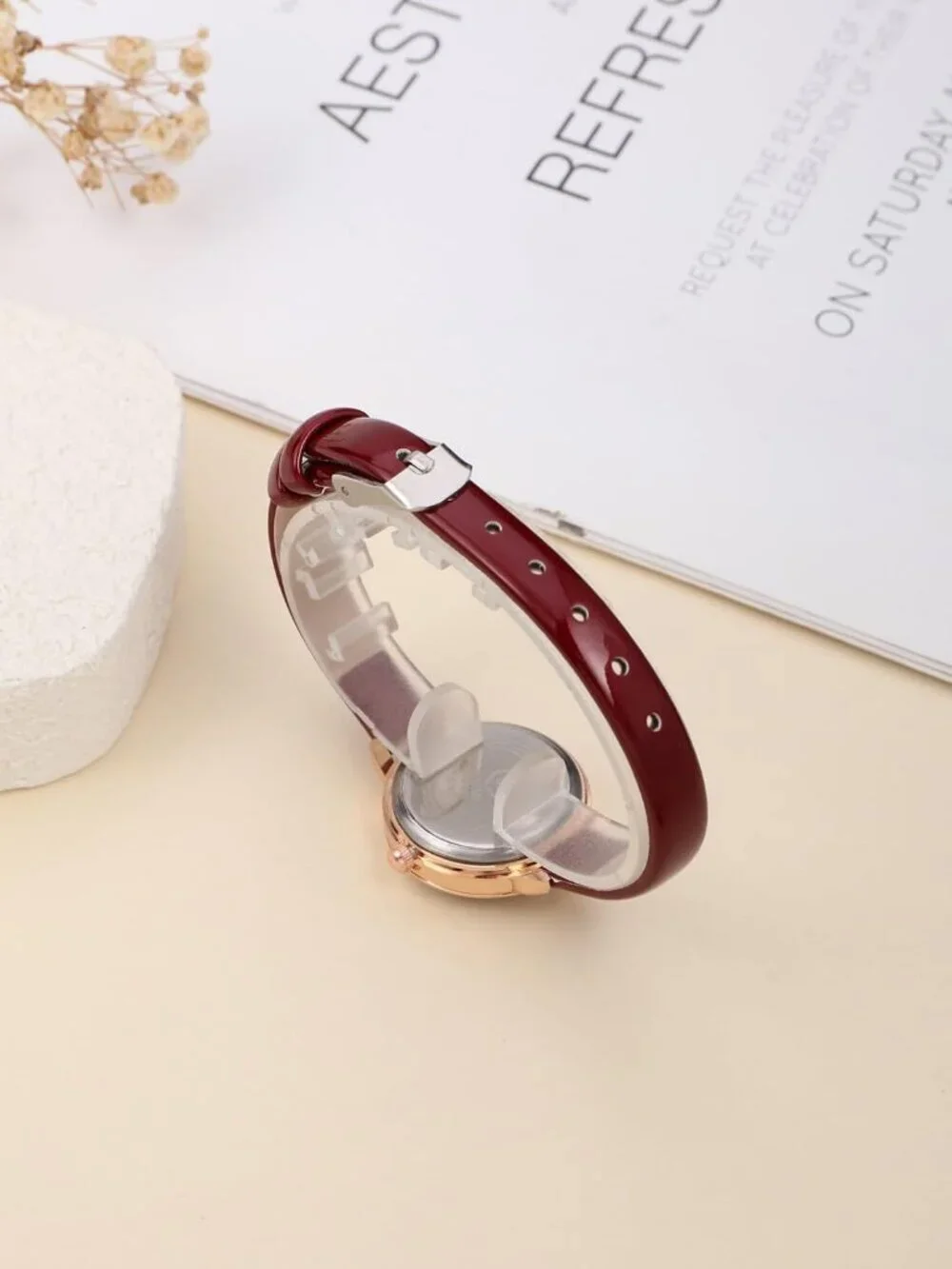 Women's Red And White Analog Quartz Classic Round Case PU Leather Wrist Watch